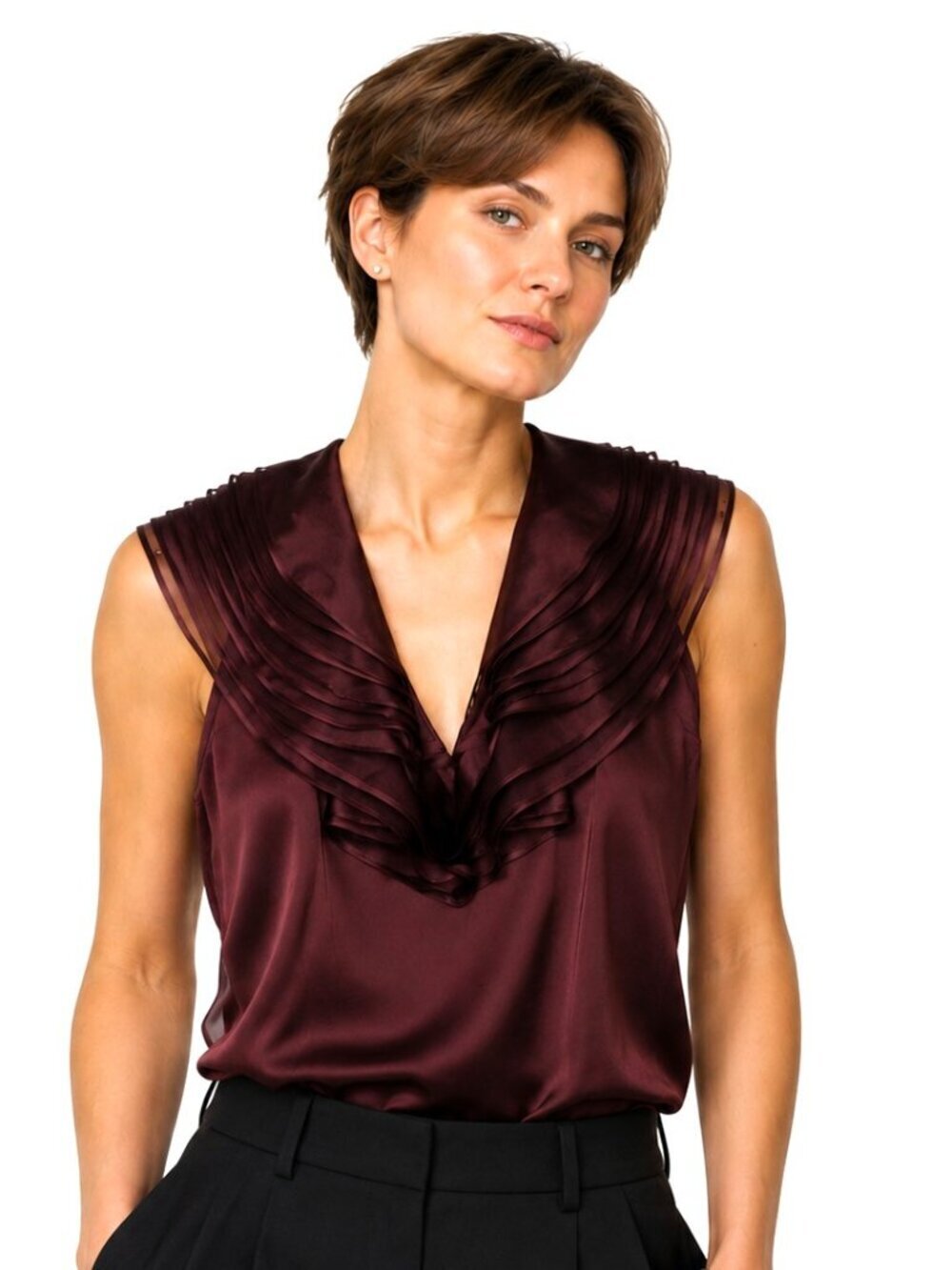 Ann Taylor Satin Organza Ruffle Sleeveless Top
